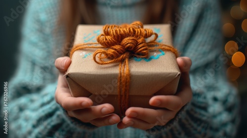  A detailed image of a person clutching a box adorned with a ribbon