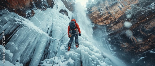 Rock climbing a frozen waterfall photo