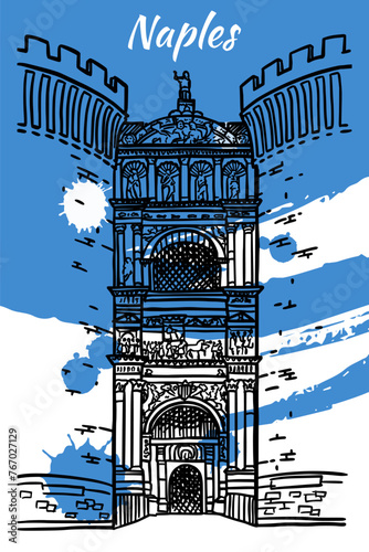 Line art drawing of Castel Nuovo in Naples, Italy, architecture tourism landmark, travel destination illustration