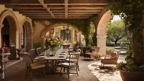 Charming Provencal-style courtyard loggia with stone arches wood beams and alfresco dining area draped in vines. © Aeman