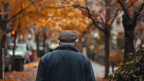 Portrait photo of a man in her 60s, medium shot, walking down the street, photo from behind