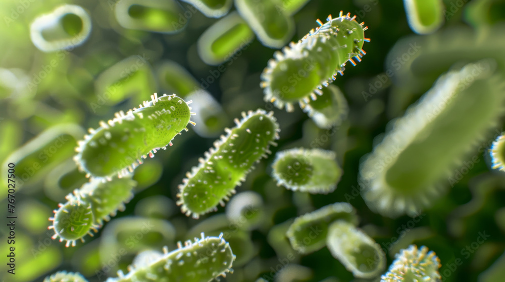 Microscopic bacteria, green color, 3d rendering Microscopic bacteria, green color, 3d rendering