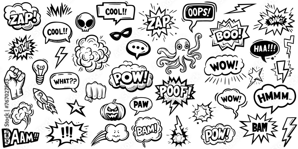  Set of hand drawn elements doodle comics isolated on white background. Speech bubbles with the words bom, boom, pow, poof, omg, crush