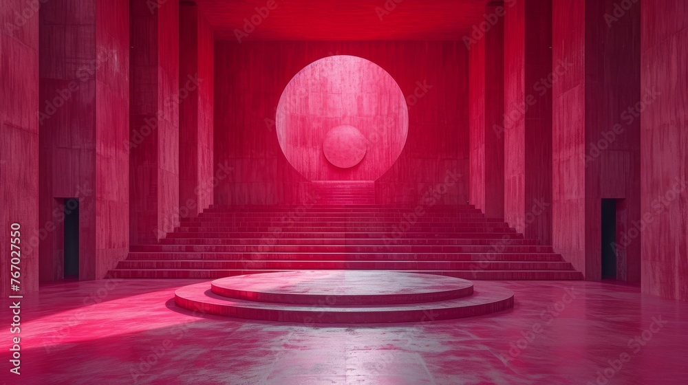   Steps leading to a red light in a columned room with a circular light at the end - obrazy, fototapety, plakaty 