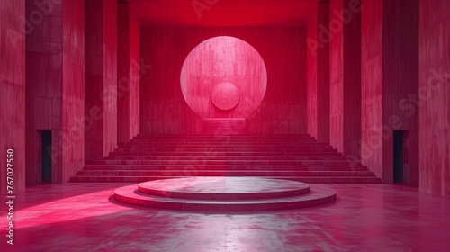  Steps leading to a red light in a columned room with a circular light at the end