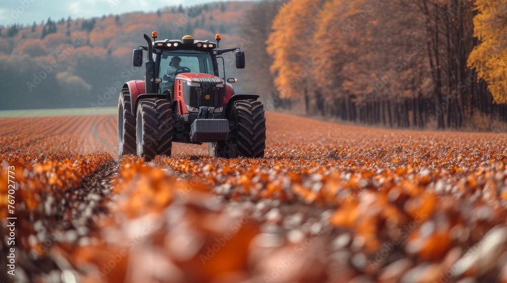 A tractor drives through an orange leaf field, with trees in the background A tractor drives through an orange leaf field, with trees in the background