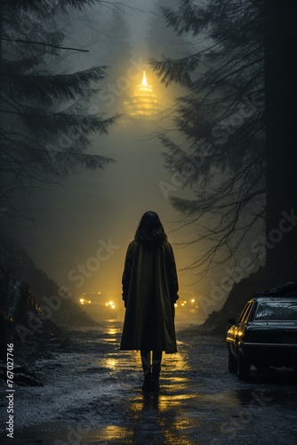a person standing on a wet path in the fog