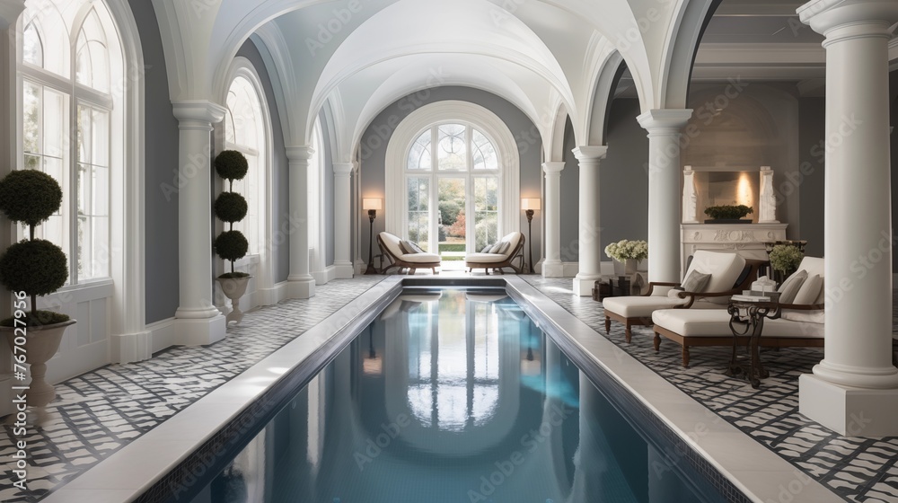 Chic indoor lap pool with arched ceilings and fluted columns flanking the space chevron patterned tile floors and architectural lighting accents.
