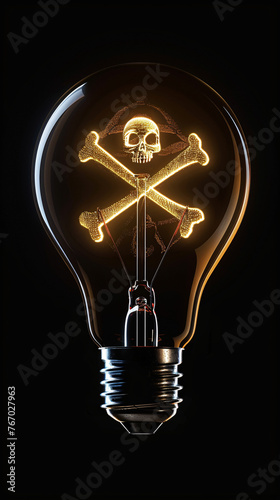A single light bulb, with a bright, glowing filament that is shaped like a scull and bones, brand new and glowing brightly, floating isolated against a deep, solid black background.