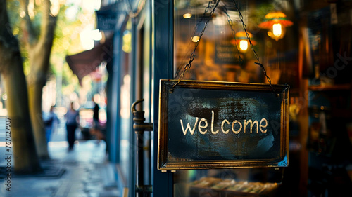 sign on shop door with text "welcome"