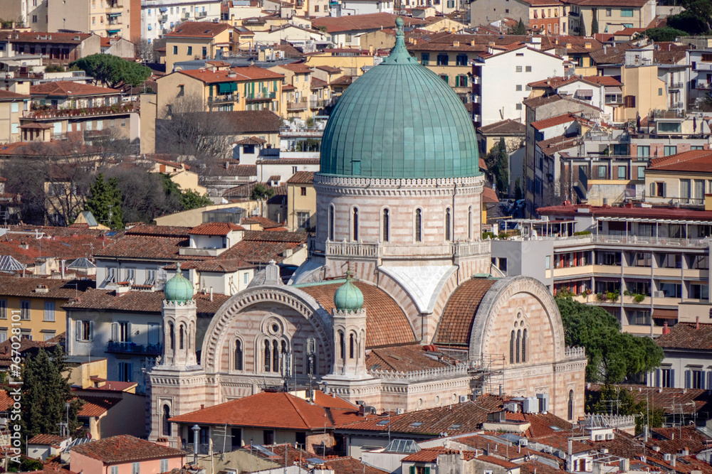 Synagogue Florence Aerial view cityscape from giotto tower detail near Cathedral Santa Maria dei Fiori, Brunelleschi Dome Italy