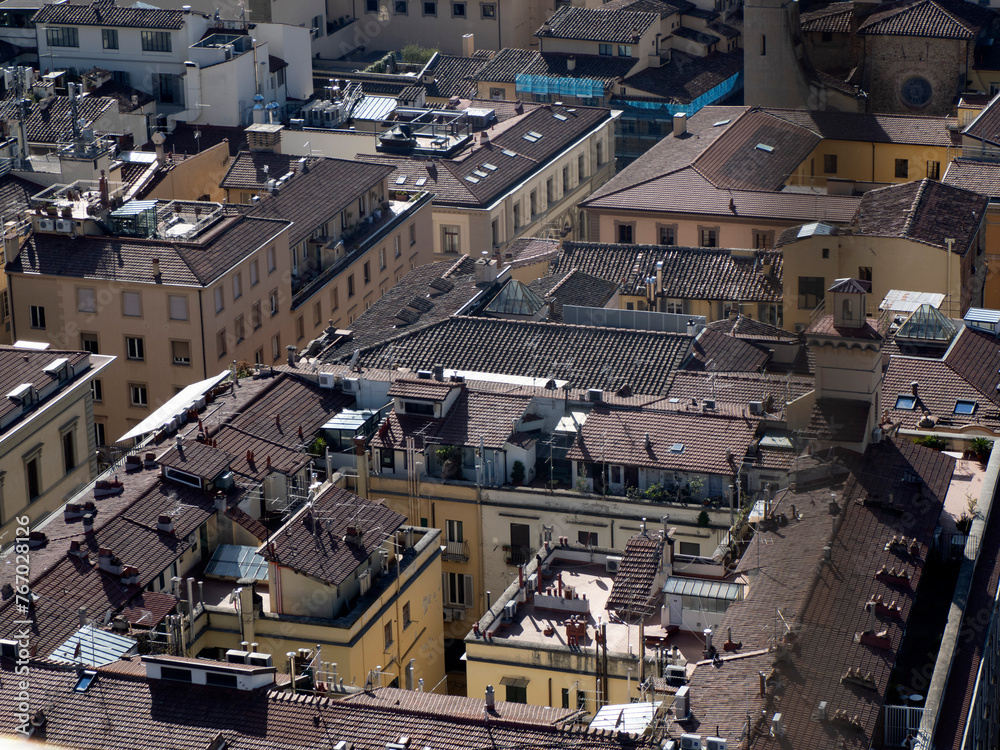 Florence Aerial view cityscape from giotto tower detail near Cathedral Santa Maria dei Fiori, Brunelleschi Dome Italy
