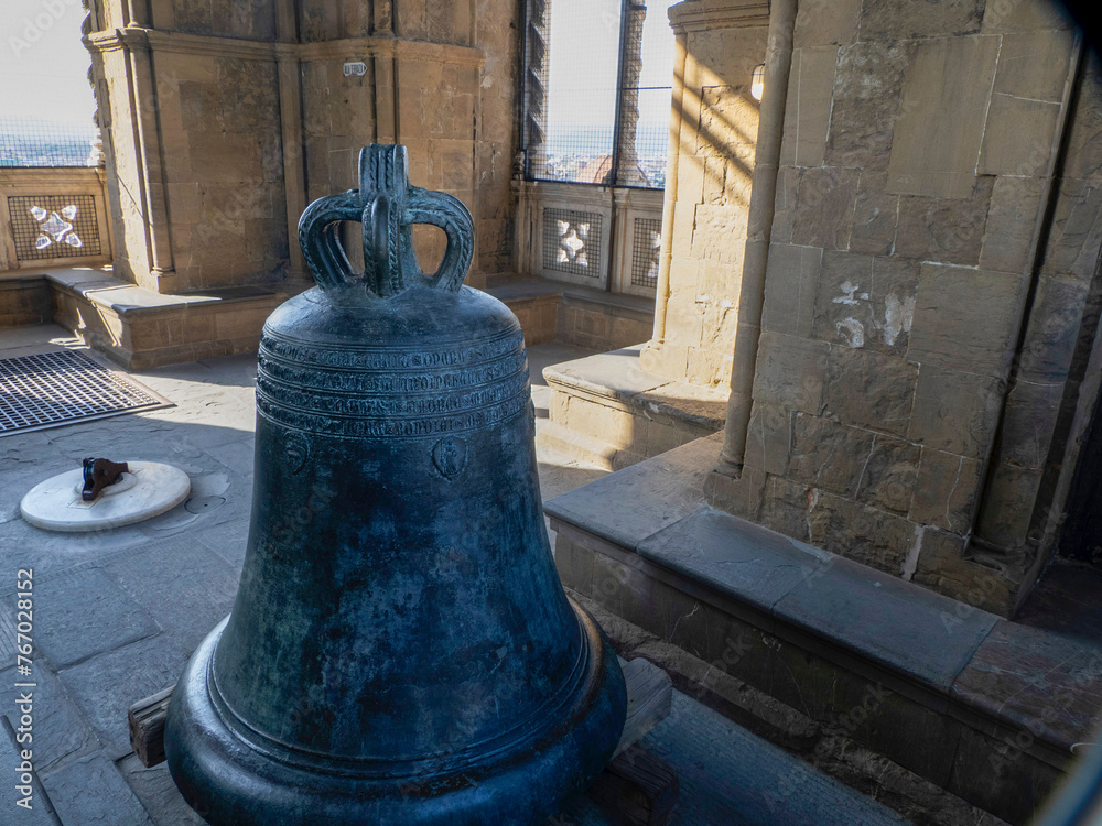 Obraz premium Bell inside florence giotto tower detail near Cathedral Santa Maria dei Fiori, Brunelleschi Dome Italy
