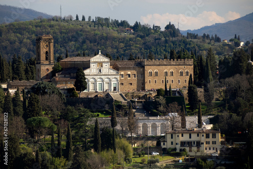San miniato church Florence Aerial view cityscape from giotto tower detail near Cathedral Santa Maria dei Fiori, Brunelleschi Dome Italy photo