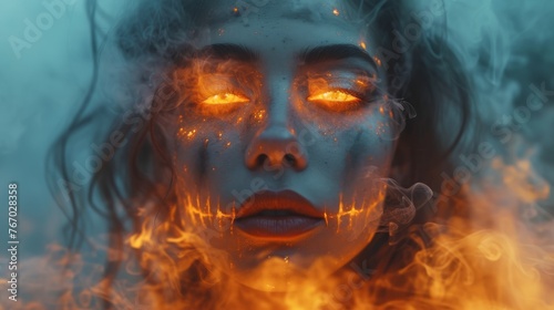   A woman s face is engulfed in flames  with her hair whipping wildly in the wind and glowing orange eyes