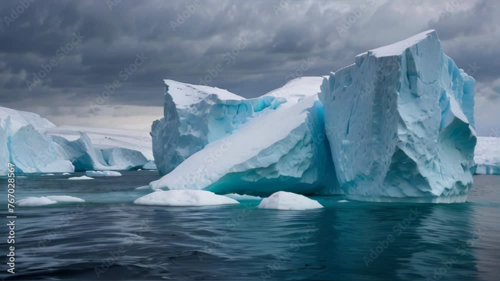 Imposing icebergs rising from the cold sea. Generative AI Video. ProRes LT 59.94 FPS available in 4K 16:9. Imposing icebergs rising from the cold sea. Generative AI Video. ProRes LT 59.94 FPS available in 4K 16:9.
