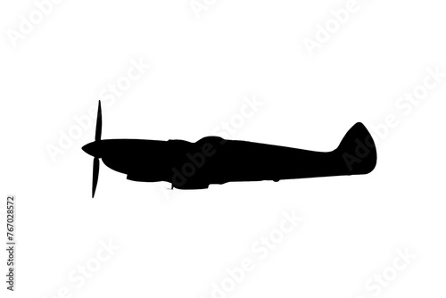 Silhouette of the Spitfire ww2 fighter plane. Flying world War II vintage British military aircraft symbol isolated on a transparent background