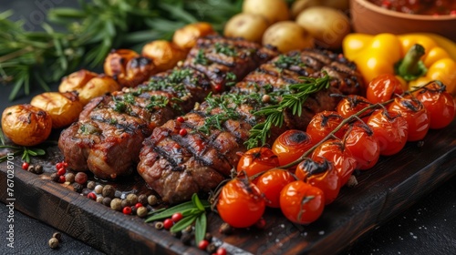  A wooden cutting board with meat, veggies, potatoes, and tomatoes on it