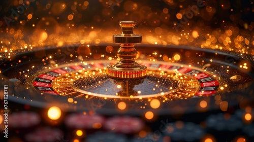  A close-up of a casino roulette wheel with a halo of soft lights