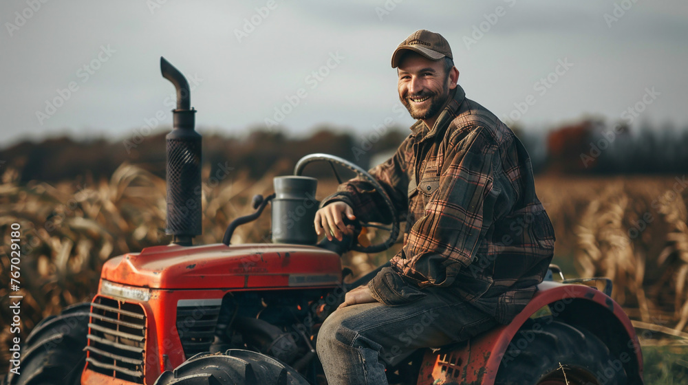Obraz premium Farmer, man on a tractor in the middle of a field. 