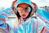 Portrait of a young beautiful brunette woman in an iridescent holographic jacket