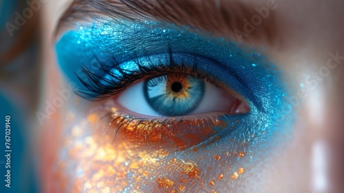  A person's eye, close-up, adorned with blue and orange makeup, and glitter