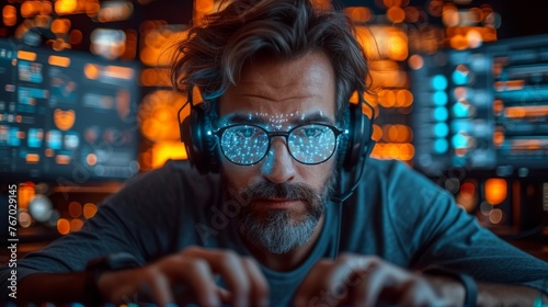  A man with headphones and glasses types on a keyboard against a city skyline at night