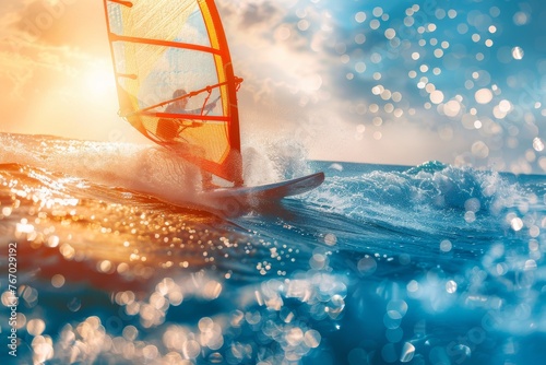 Child windsurfer in action, catching waves in sunset light