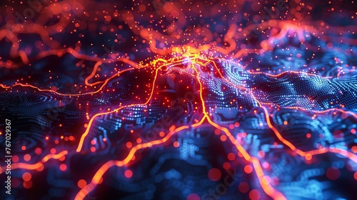 3D illustration depicting an artificial neuron in the context of artificial intelligence, with wall-shaped binary codes representing transmission lines of pulses or information to a microchip.