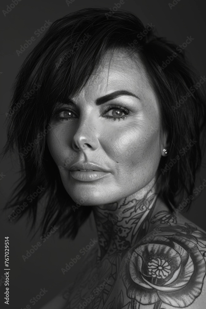 Portrait Photo of a woman with big eyes with a tattoo , black and white 