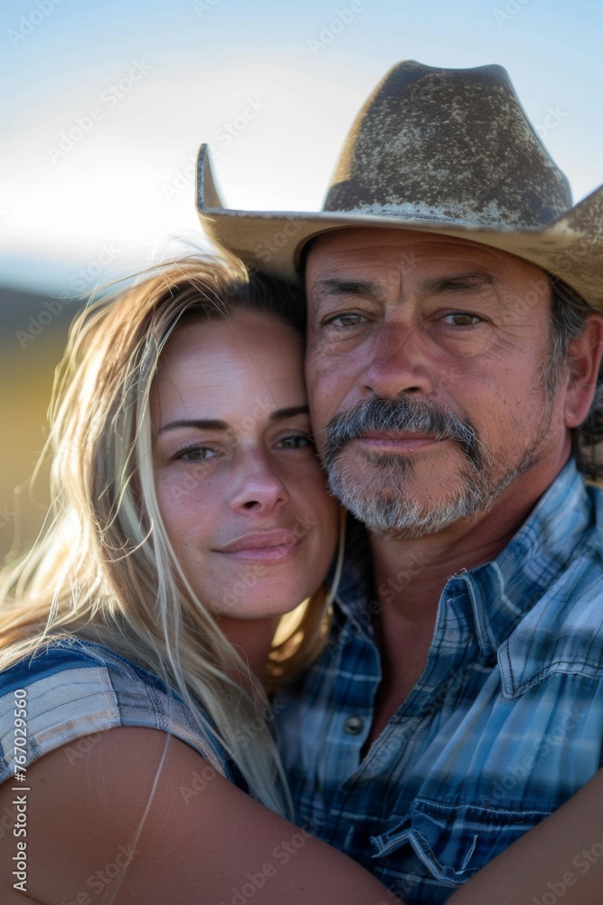 portrait photograph of a couple, both have brown eyes, only the man is wearing a cowboy hat, the woman has blonde hair