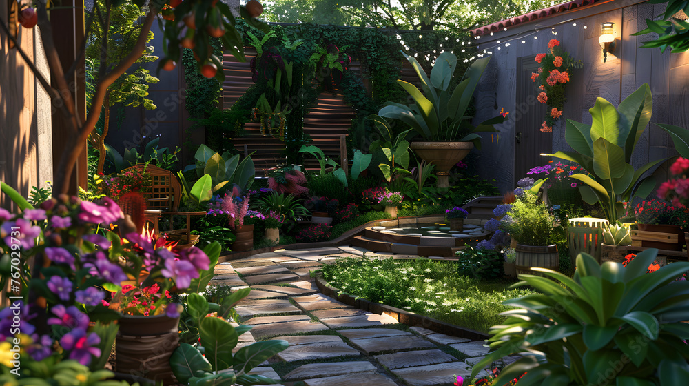 Cozy backyard transformed into green oasis with flourishing plants and colorful flowers.