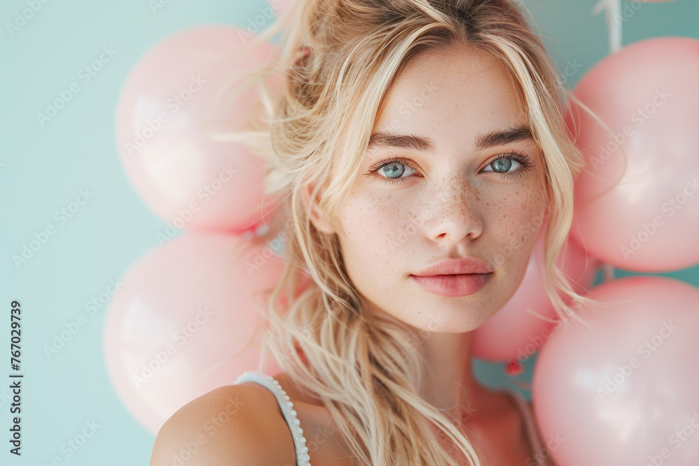 Happy blonde woman with pink balloons against a blue background. Space for text on the right side. A happy birthday concept. Happy blonde woman with pink balloons against a blue background. Space for text on the right side. A happy birthday concept.