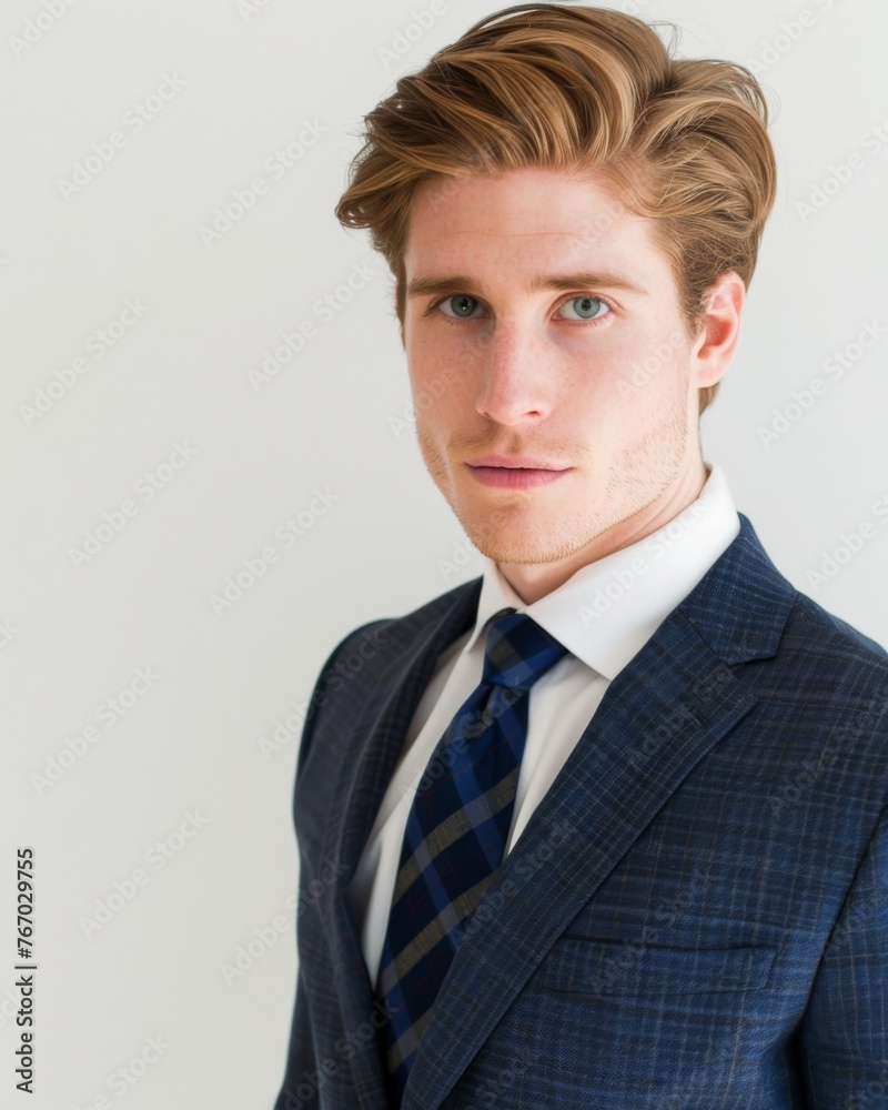 powerful businessman or CEO, with light brown hair, wearing an expensive high fashion business suit, professional photo, magazine photo, cinematic, white background, natural light powerful businessman or CEO, with light brown hair, wearing an expensive high fashion business suit, professional photo, magazine photo, cinematic, white background, natural light