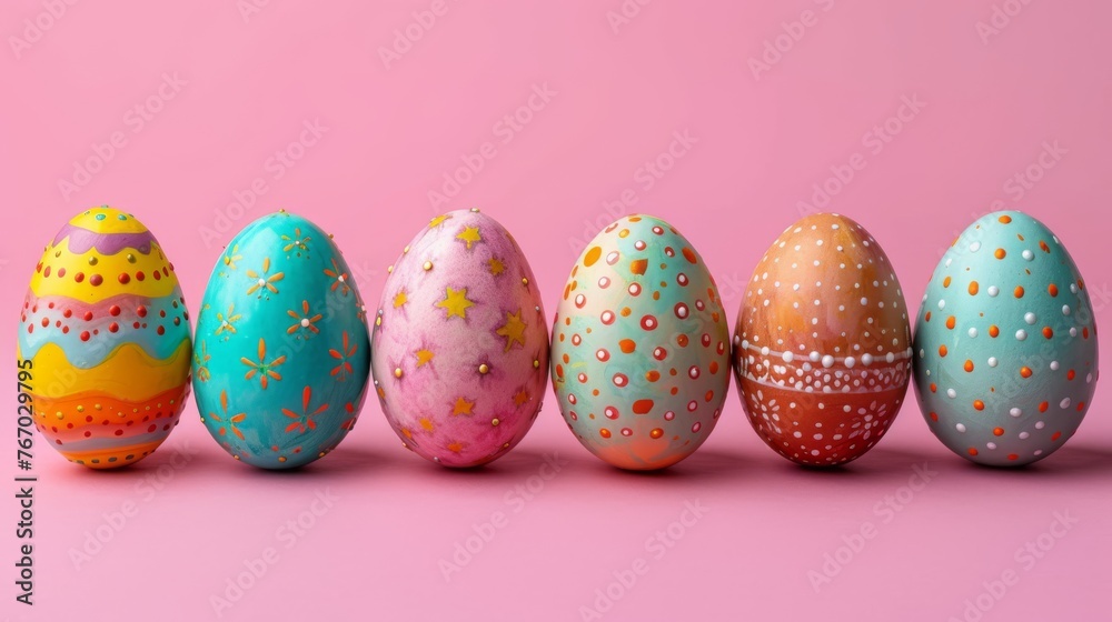   Row of eggs, pink surface, confetti sprinkled
