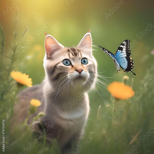 A kitten in a meadow with a lush mustache looks with surprised eyes at a beautiful blue butterfly on a flower.