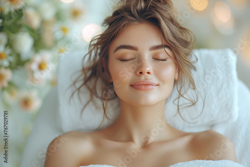 Beautiful woman enjoying a spa salon environment  relaxing and breathing fresh air with closed eyes while lying on a massage table in a luxury beauty center.