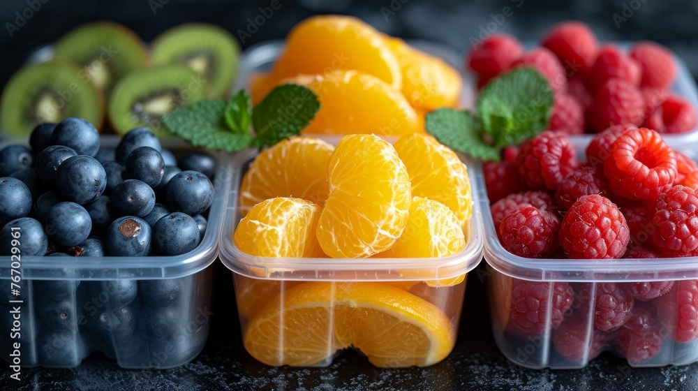 A collection of various fruits in plastic containers, including berries, oranges, raspberries, and kiwis A collection of various fruits in plastic containers, including berries, oranges, raspberries, and kiwis