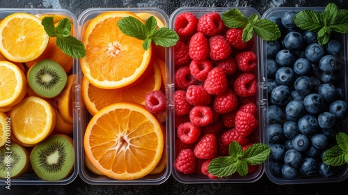   Container filled with various fruits  including blueberries  oranges  raspberries  and kiwi