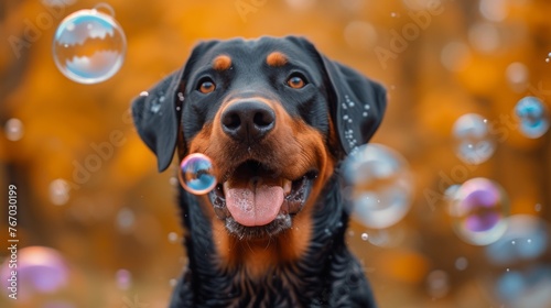 A close-up of a dog's face with bubbles in the foreground and the Batman symbol behind it