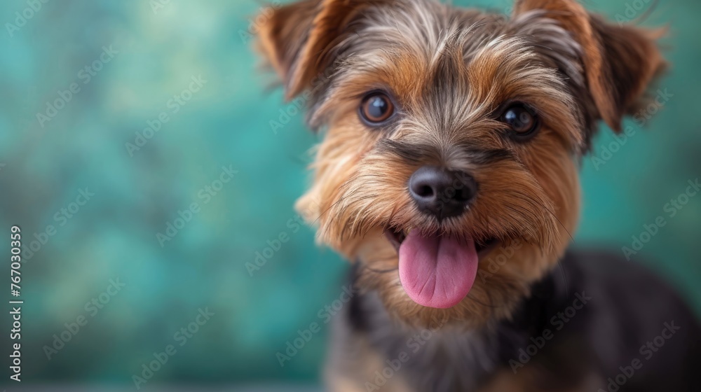   A small brown and black dog with its tongue hanging out stares at the camera against a green backdrop