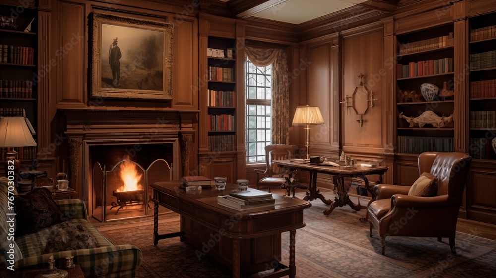 Classic Georgian-style wood paneled study with coffered ceilings crown moldings built-in bookshelves and carved fireplace mantel. Classic Georgian-style wood paneled study with coffered ceilings crown moldings built-in bookshelves and carved fireplace mantel.