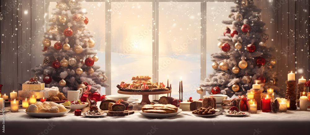 Indoor Room With Christmas Cake Table And Candles At The Window Background