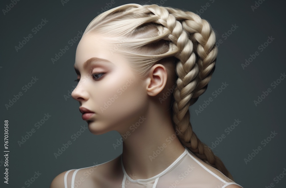 Futuristic braided hairstyle on woman with sculptural dress Futuristic braided hairstyle on woman with sculptural dress