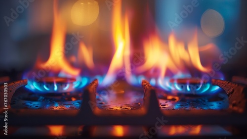 Blue gas flames from modern stove in a dark kitchen highlight heat and energy efficiency