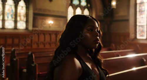 a sexy south african black actress, curvy hips, long hair, lots of makeup, sitting in a church