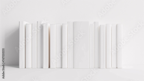 Mock-up of many book spines in various thickness and height with blank white cover on a plain white background. New modern minimal books in edge view.
