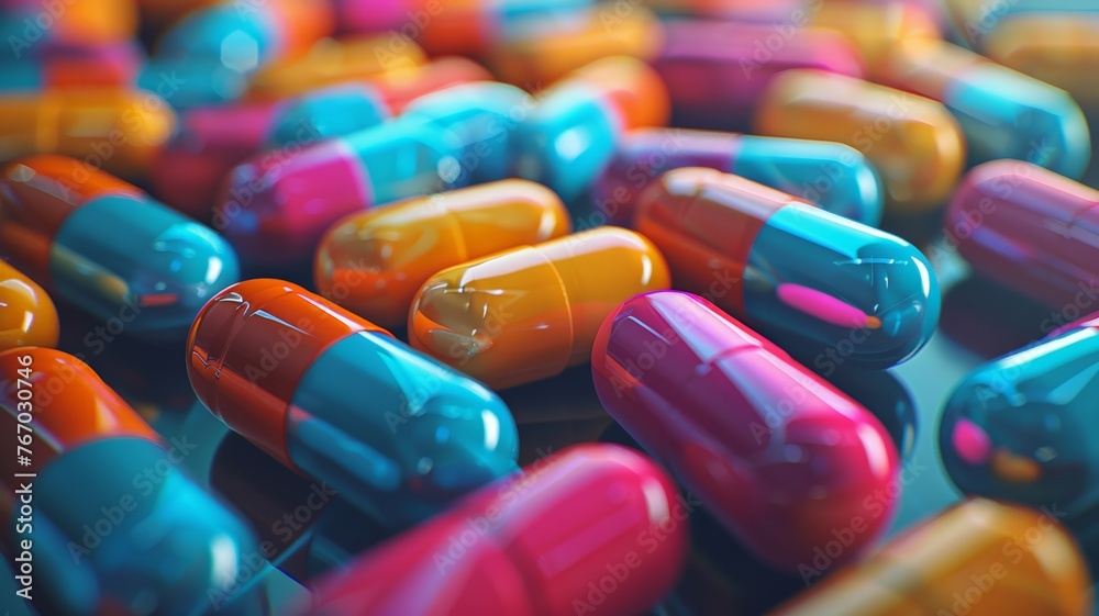 Vivid collection of pharmaceutical pills and capsules representing modern medicine
