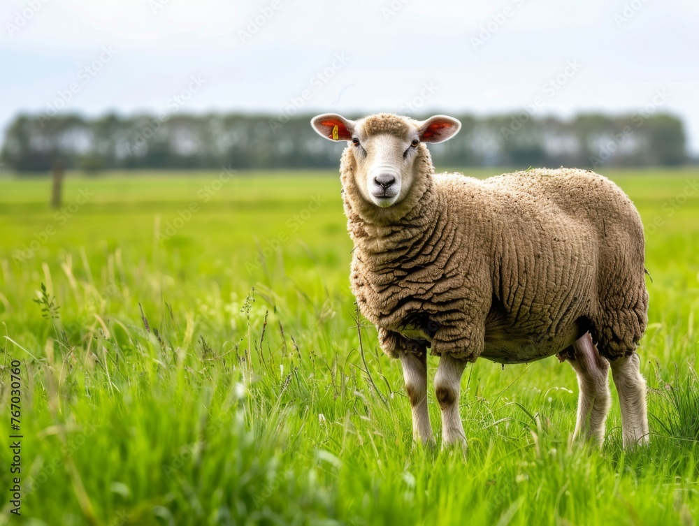 sheep, side shot, full shot, green grassland sheep, side shot, full shot, green grassland