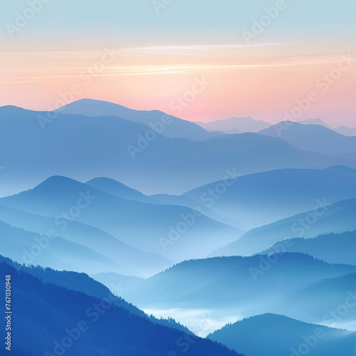 The mountains are blue and the sky is pink. The mountains are very tall and the sky is very clear